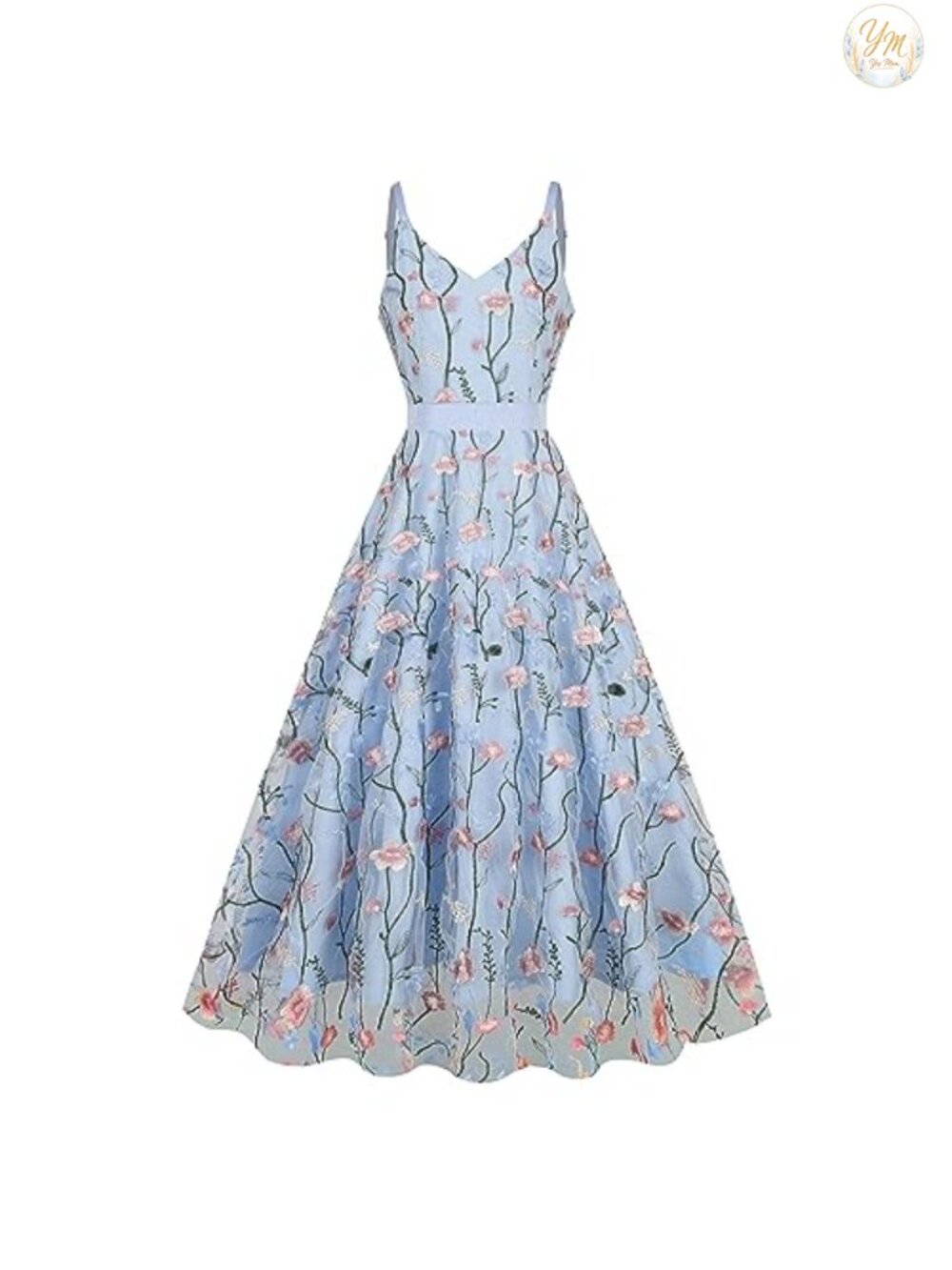 Sleeveless V-Neck Floral Embroidered Maxi Dress Fit & Flare Tulle Formal